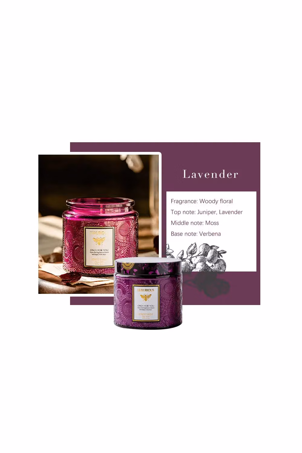 SHEONLY Juniper & Lavender Soy Wax Scented Candle in Purple with Embossed Glass Cup – 2
