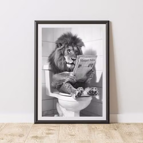 60 Second Makeover Lion On The Toilet Animal Print Paper Poster, Black and White, W: 21.0 cm, H: 29.7 cm