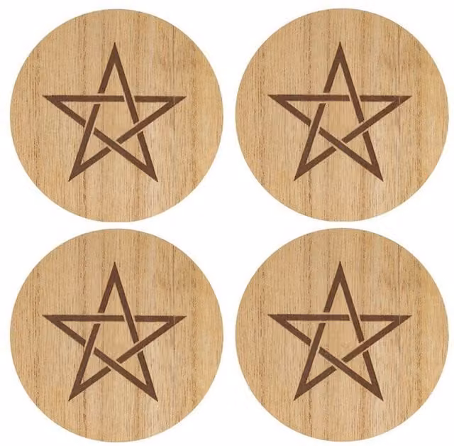 KDMK Round Geometric Engraved Pentagram Wood Coaster Set in Brown