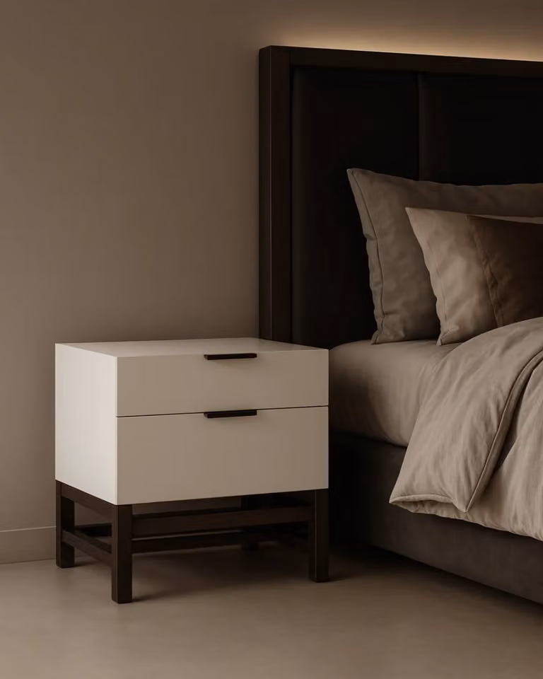 Tommy Franks Modern Oak Wood Bedside Table in Matte Beige