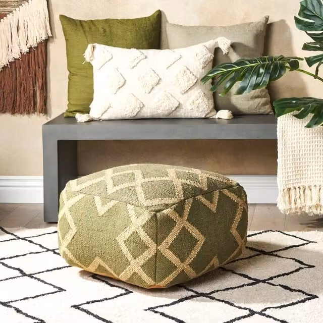 Wyld and Coco Nordic Geometric Jute and Wool Pouffe, Green and Beige, W/D/H: 50 x 50 x 50 cm – 1