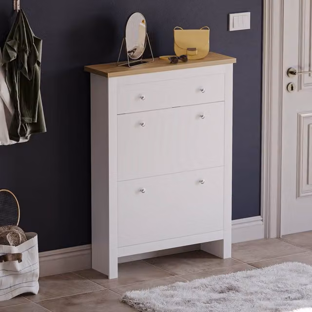 Vida Designs Arlington Modern White Wood Shoe Cabinet with Hinged Doors and Internal Drawers