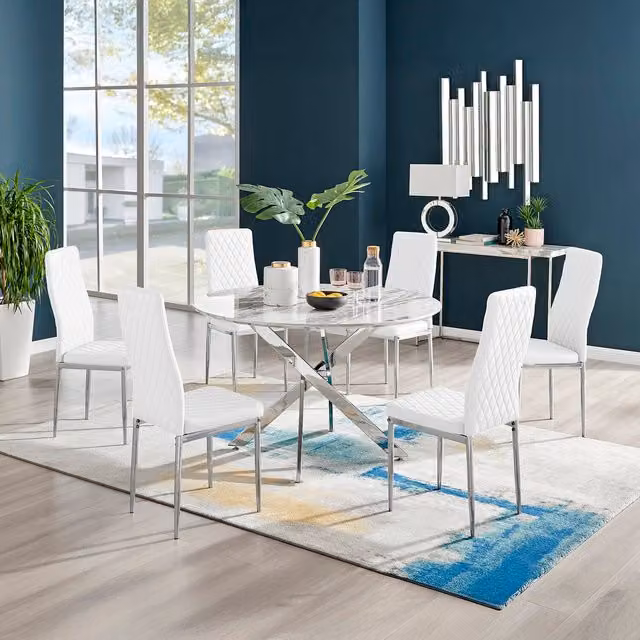 FurnitureboxUK Novara White Marble Effect Round Dining Table and 6 Milan Chrome Leg Chairs in White and Silver