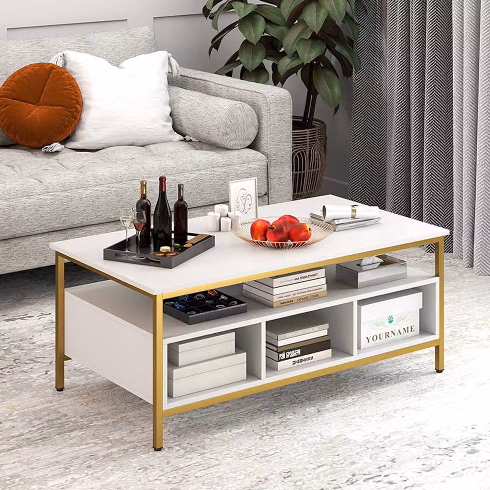 Gymax 3-Tier Rectangular Coffee Table with Shelf, White Metal and Wood Frame – 2