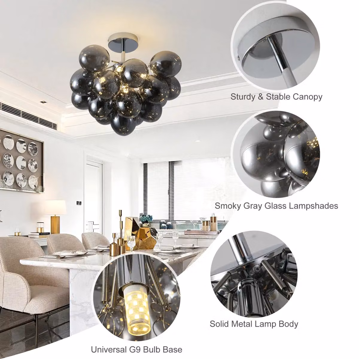 Garwarm Modern Sputnik 4 Light Glass Bubble Semi Flush Mount Ceiling Light, Black, Diameter: 40 cm – 6