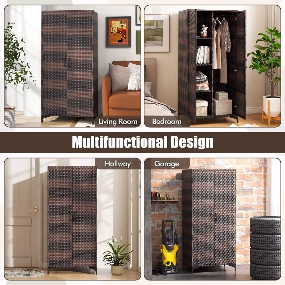 NESTLUNE Brown Wicker 2 Door Storage Cabinet with Soft Close Hinged Doors, W/D/H: 100 x 15 x 157 cm – 4