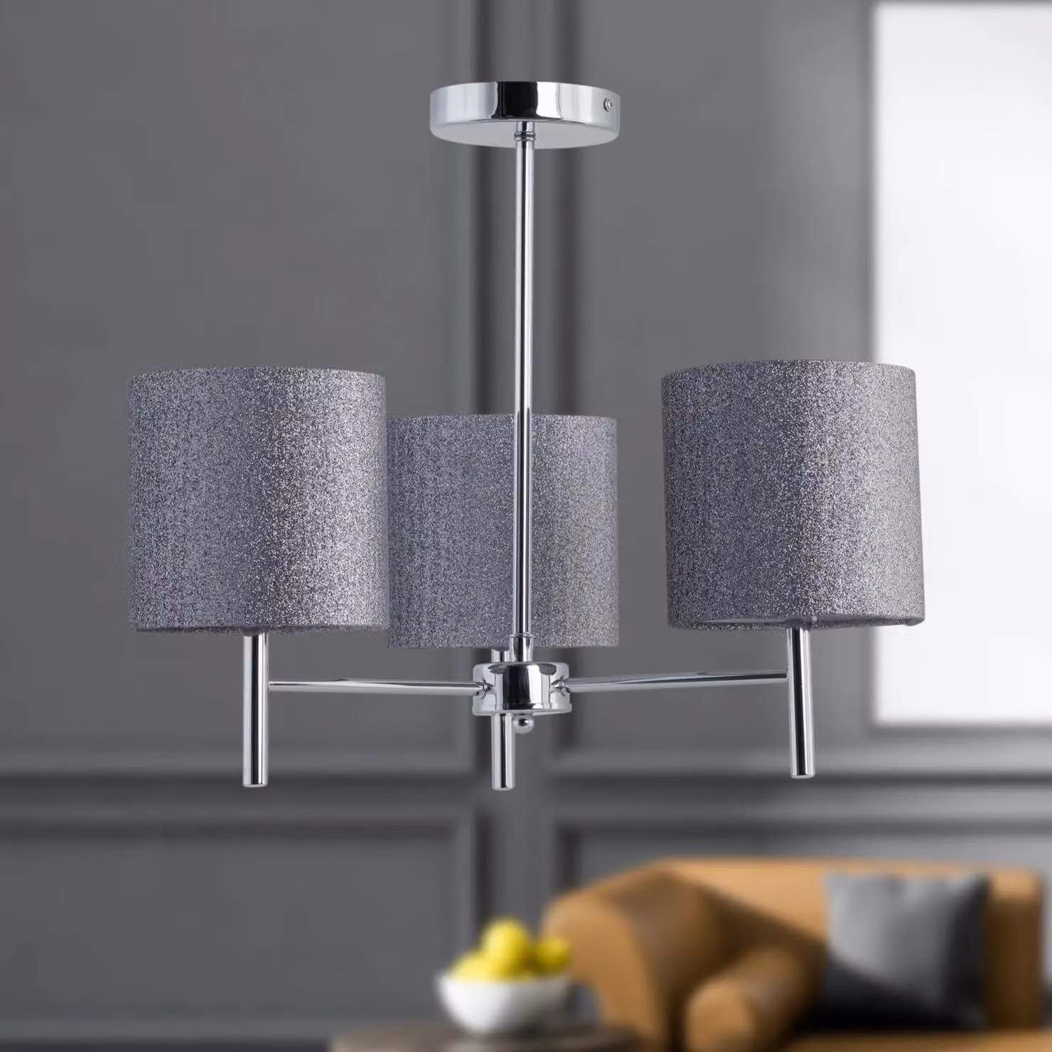First Choice Lighting Brea Set of 2 Chrome Ceiling Light Fittings with Silver and Grey Fabric Shades – 3