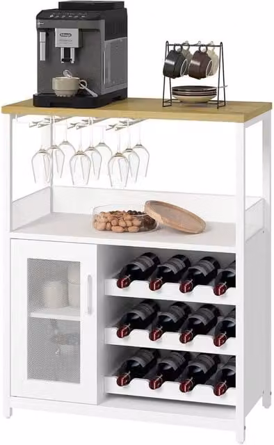 KORVIXA 3 Tier Wine Bar Cabinet with Glass Rack and Storage Shelves in White