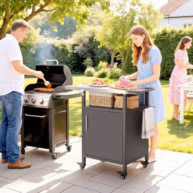 Outsunny Brown Metal Outdoor Grill Cart with Stainless Steel Spice Rack and Towel Holder