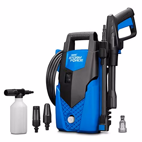Draper Storm Force Pressure Washer, 105 Bar, Blue with Snow Foam Gun – 1