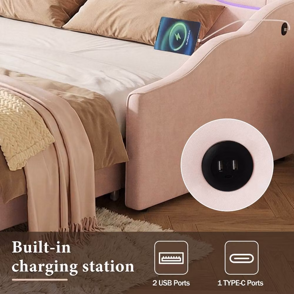 Rolipo Pink Velvet Extendable Daybed with LED Lighting and USB Charging Port, W/D/H: 180 x 190 cm – 2