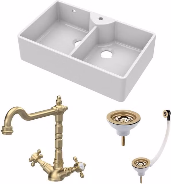 Balterley White Ceramic Double Bowl Butler Sink with Brushed Brass Tap and Wastes, W: 89.5 cm – 1