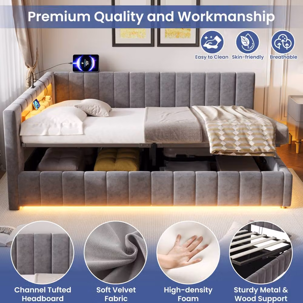 Rolipo Double Velvet Ottoman Bed in Grey with RGB LED Lighting and USB Charging Port, W/D/H: 140 x 200 cm – 4