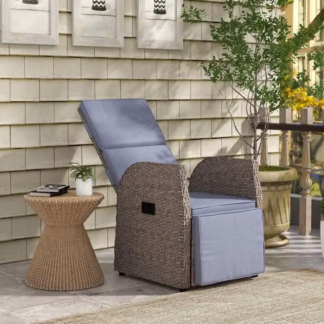 Outsunny Brown Rattan Outdoor Recliner Chair with Footrest, Side Table and Armrests