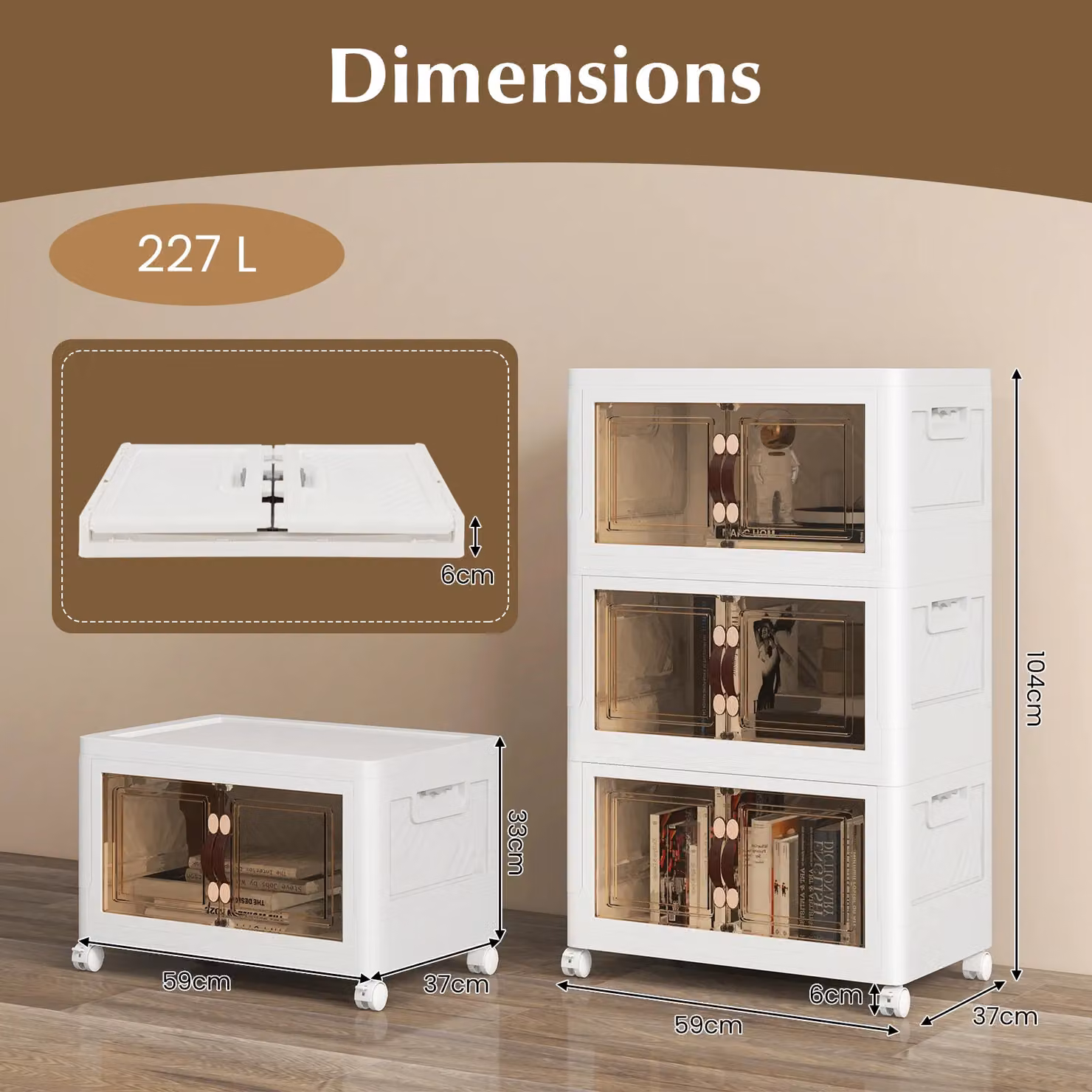 Costway Stackable Folding PP Storage Cabinet with Lockable Wheels, 3 Pack, White – 2