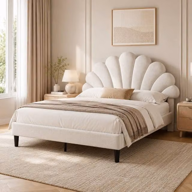 STILVORA Double Upholstered Bed Frame with Adjustable Headboard in Beige, W/D/H: 140 x 200 cm