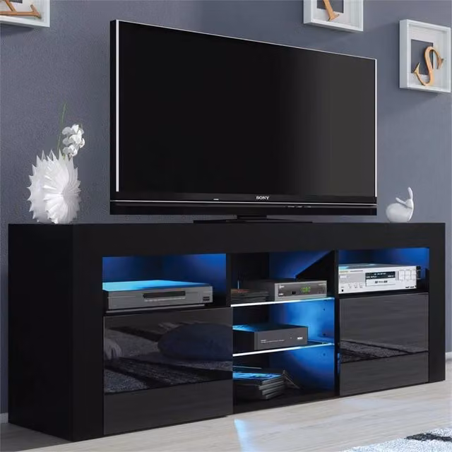 PAWNORA Modern Black TV Unit with Matt Body and High Gloss Fronts