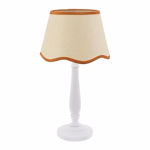 ValueLights White Wood Candlestick Table Lamp with Beige Scallop Fabric Shade and LED Bulb