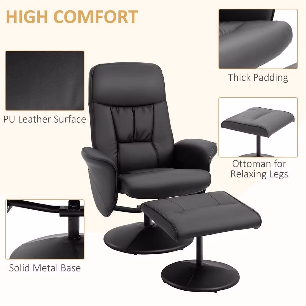 NESTLUNE Black PU Leather Swivel Recliner Armchair with Ottoman – 3