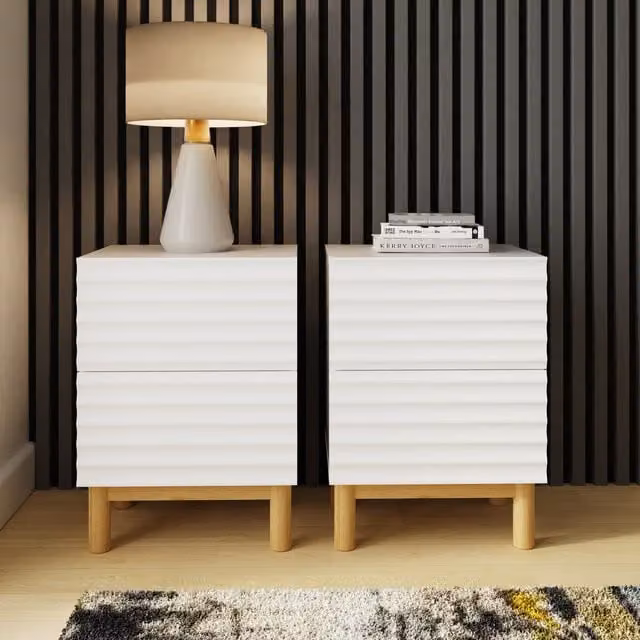 GFW Karla Ribbed 2 Drawer Bedside Table Pair in White