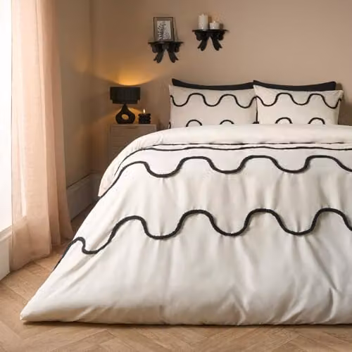 OHS Modern Tufted Wave Bedding Set in White, Double Duvet Cover and Pillowcases, W/D/H: 200 x 200 cm
