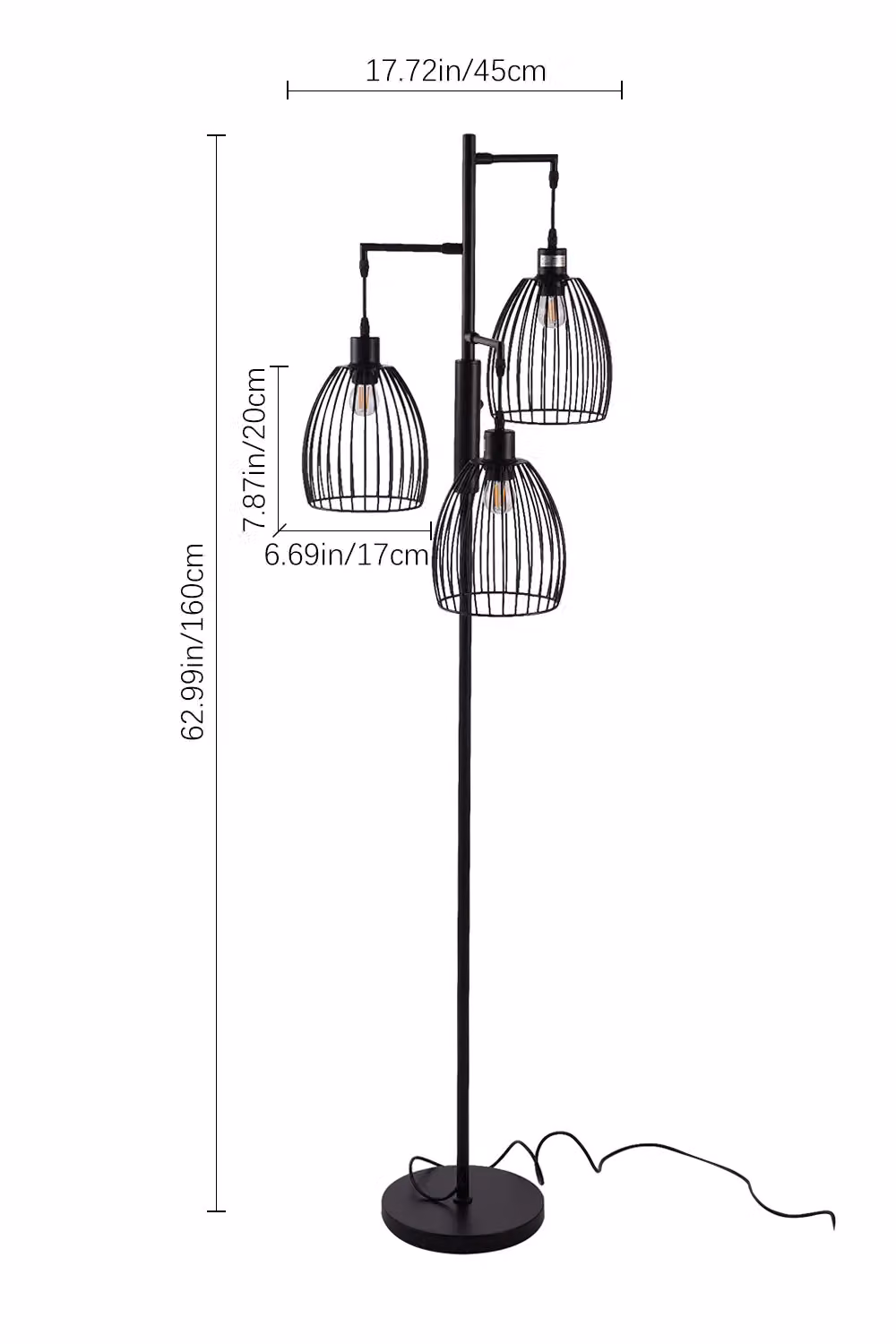 Living and Home Black Modern Industrial Style 3-Head Metal Floor Lamp with Irregular Organic Shades, H 160 cm x W 45 cm x D 45 cm – 3