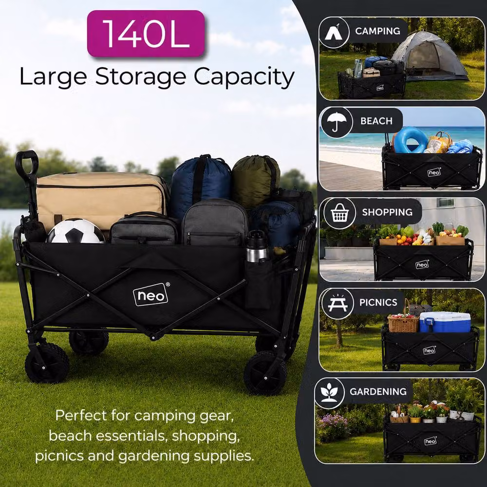Neo Folding Garden Wagon Cart, 138L Capacity, 120kg Load, Black – 3