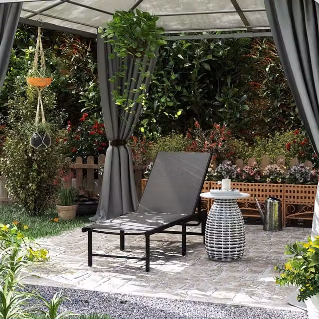 Outsunny 5-Level Reclining Garden Sun Lounger in Grey with Textilene Fabric and Powder Coated Steel Frame