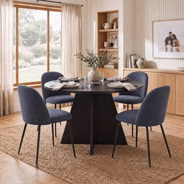 FWStyle Modern Round Black Oak Dining Table and 4 Steel Blue Dining Chairs Set