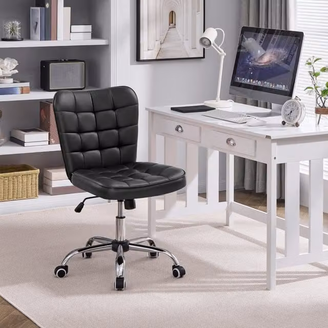 Yaheetech Modern Tufted Armless Task Chair in Black Faux Leather