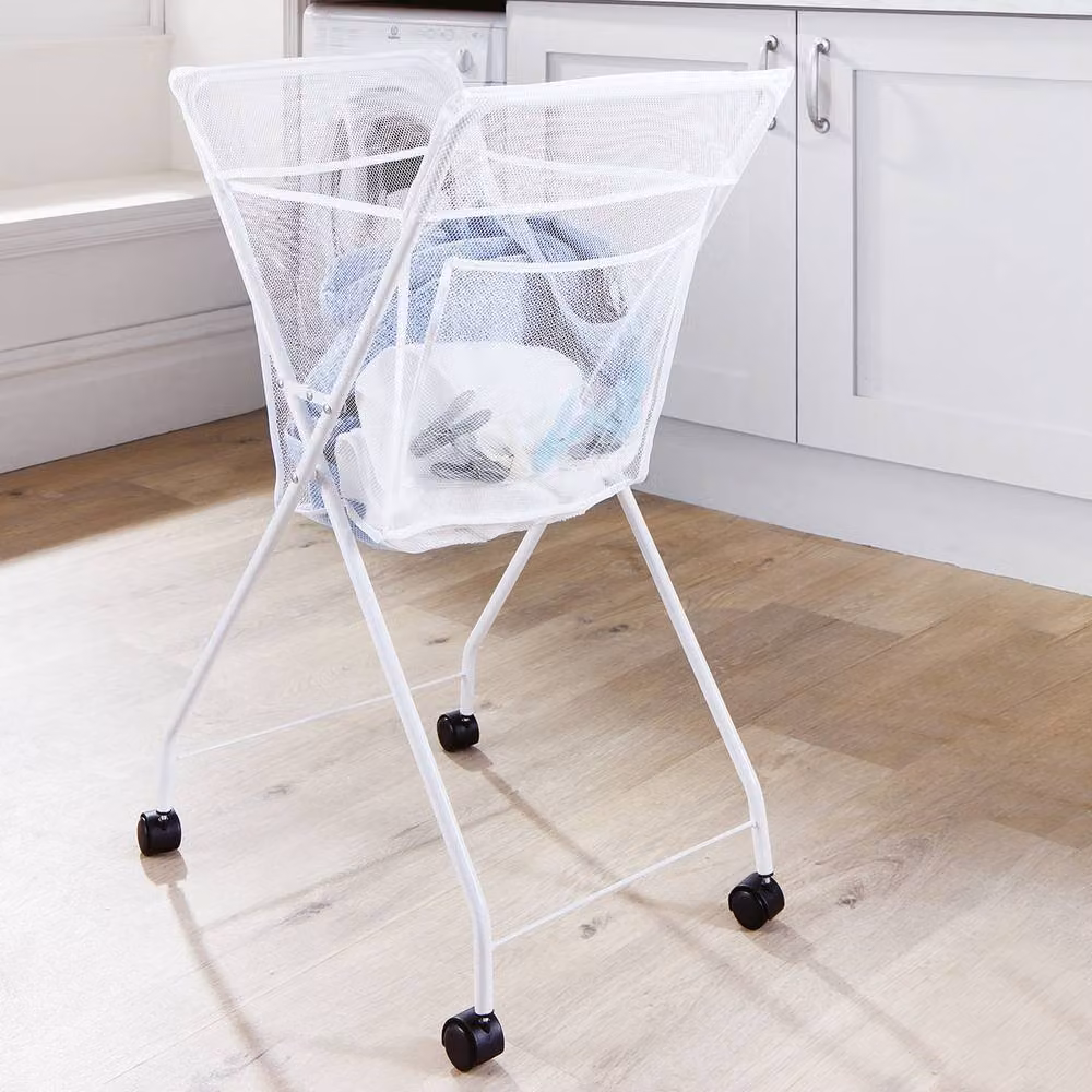 mysmartbuy White Foldable Laundry Basket on Wheels, Lightweight Portable Washing Trolley, H87 x W56 x D46 cm – 2