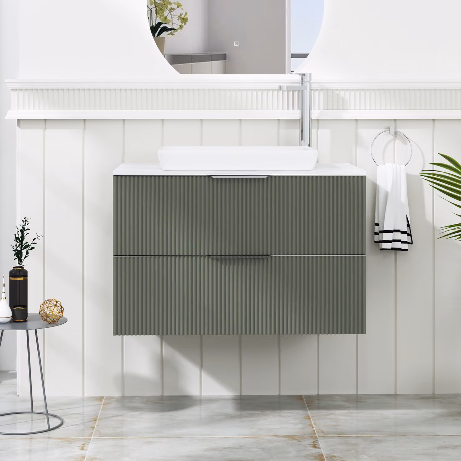 Royal Bathrooms Evora 800mm Sage Green Fluted Wall Hung Vanity Unit with Qubix Basin and 2 Drawers
