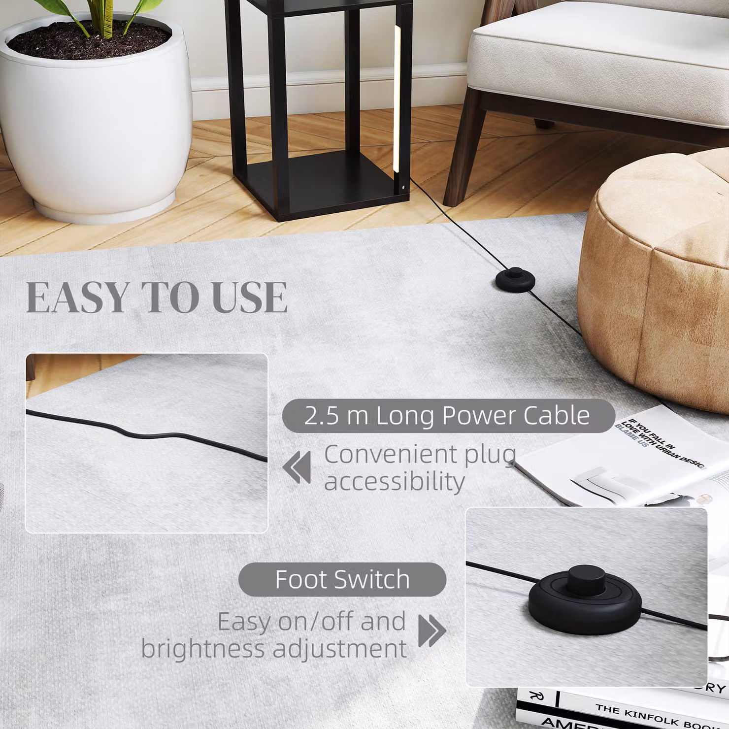 HOMCOM Modern Black Floor Lamp with 4 Shelves, Dimmable LED Column Lamp with 3 Brightness Levels and Foot Switch – 7