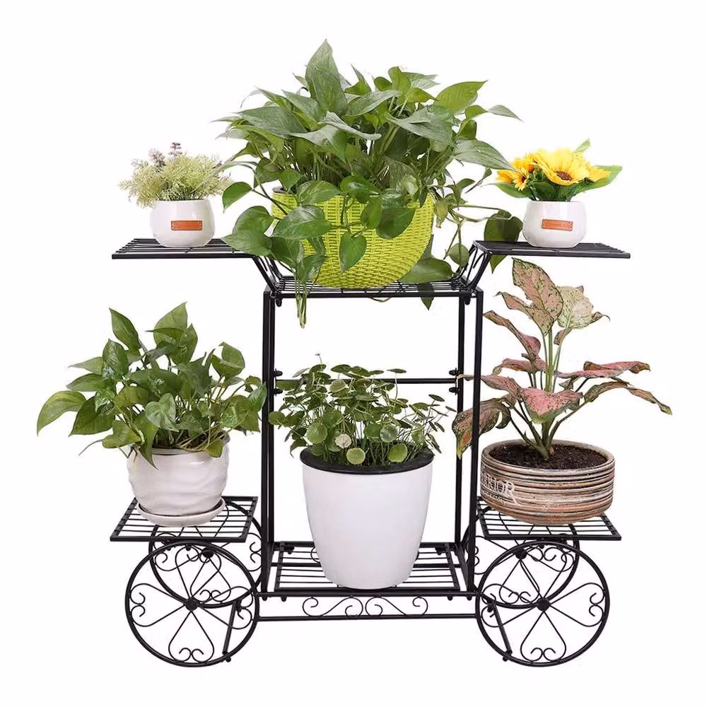 KORVIXA 6-Tier Metal Garden Flying Cart Planter Stand in Matt Black, W/D/H: 100 x 100 x 68.5 cm – 2