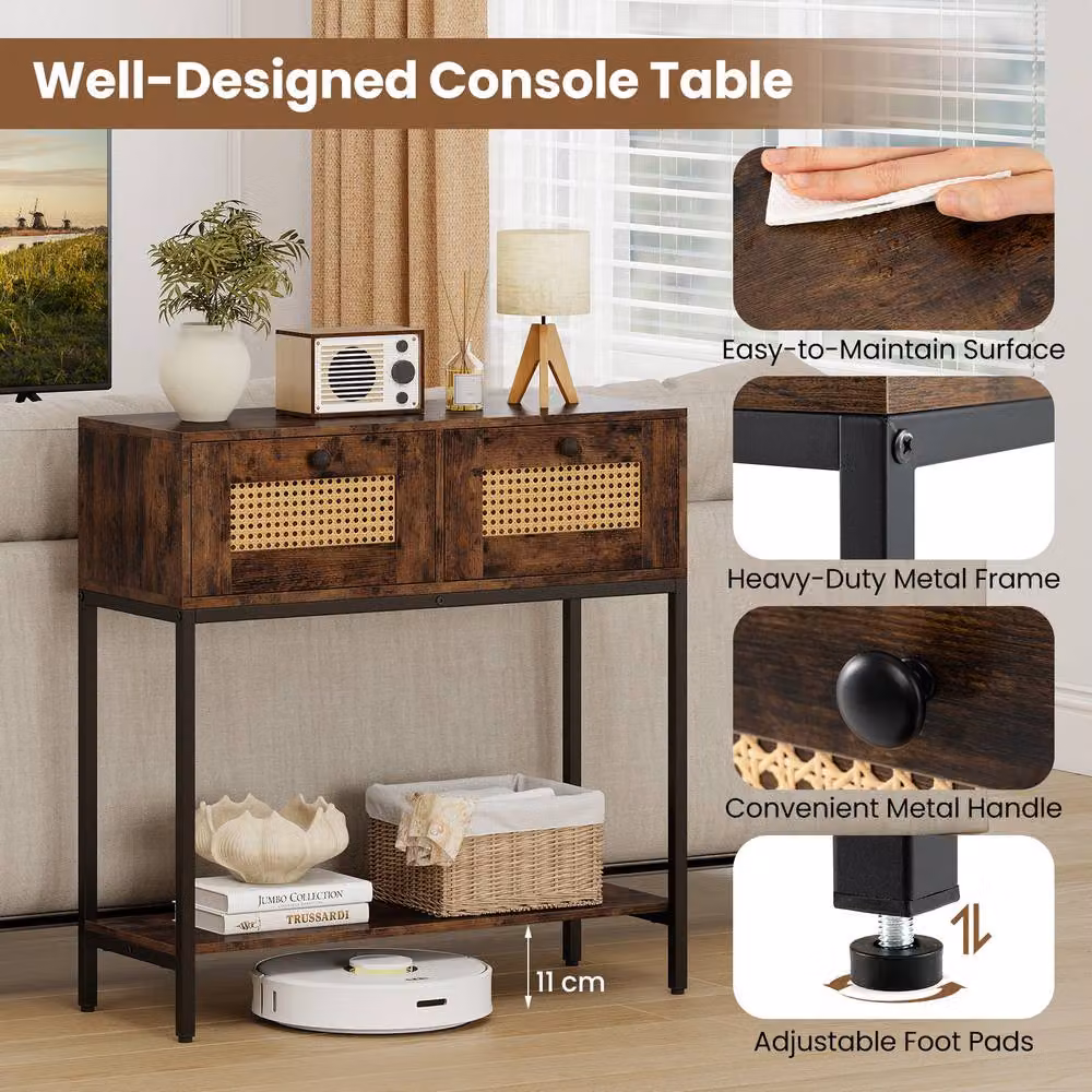 Costway Boho Modern Wooden Console Table with 2 Drawers, Brown – 6