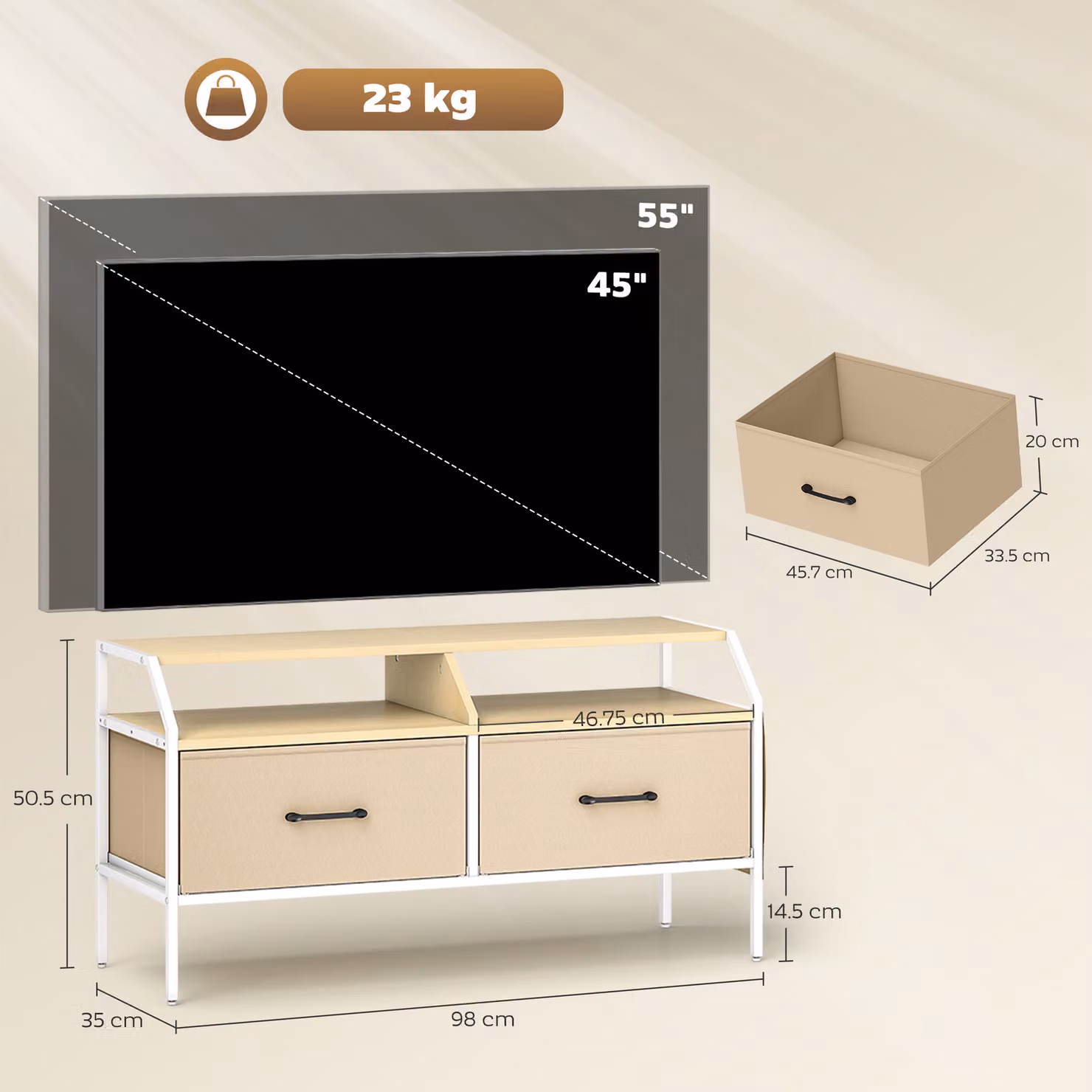 HOMCOM TV Stand Cabinet in Natural Wood Finish for up to 55-inch TVs with 2 Fabric Drawers and 5 Side Pockets – 3