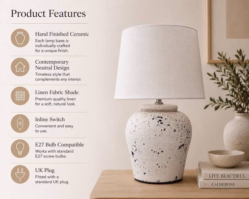 Downton Interiors White and Grey Distressed Ceramic Table Lamp with Fabric Shade H 52 cm x W 36 cm x D 36 cm – 2