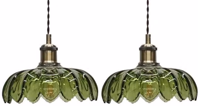 First Choice Lighting Alice Set of 2 Green Floral Transparent Glass Easy Fit Pendant Shades – 1