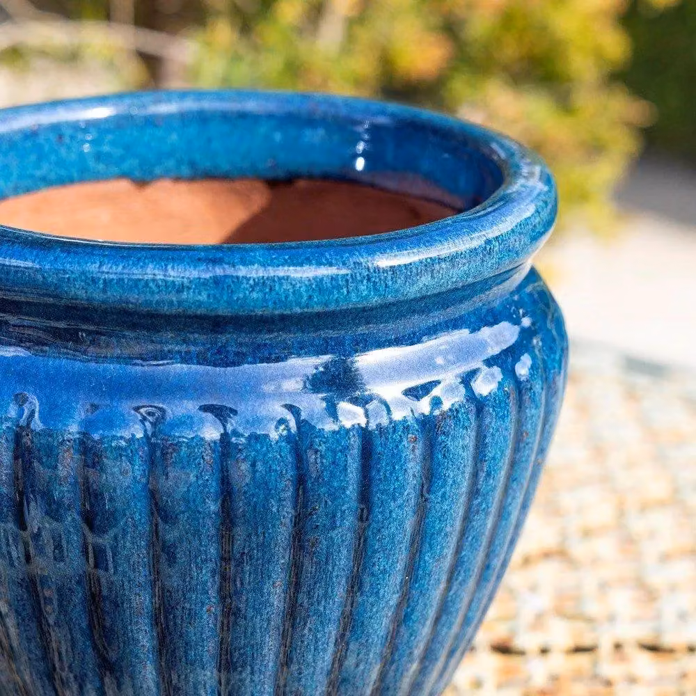 Primrose Rib Textured Glazed Terracotta Round Planter in Royal Blue, H 65 cm x W 55 cm x D 55 cm – 3