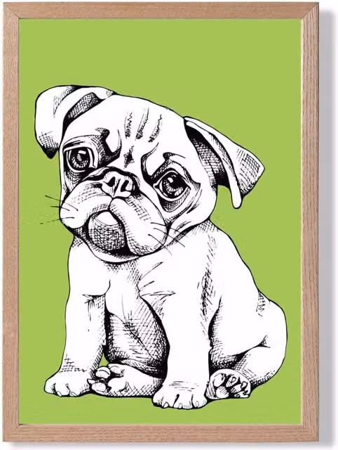 ARTZE Sketch Pug Dog Framed Print, Bright Green, Oak Frame, A2