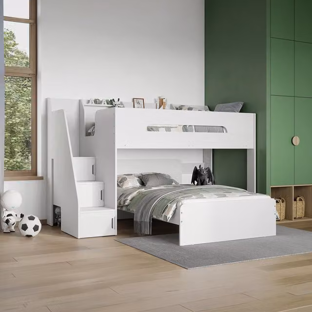 Flair Stepaside L Shaped Triple Bunk Bed with Stairs and Side Compartments, White, 120 x 200 cm
