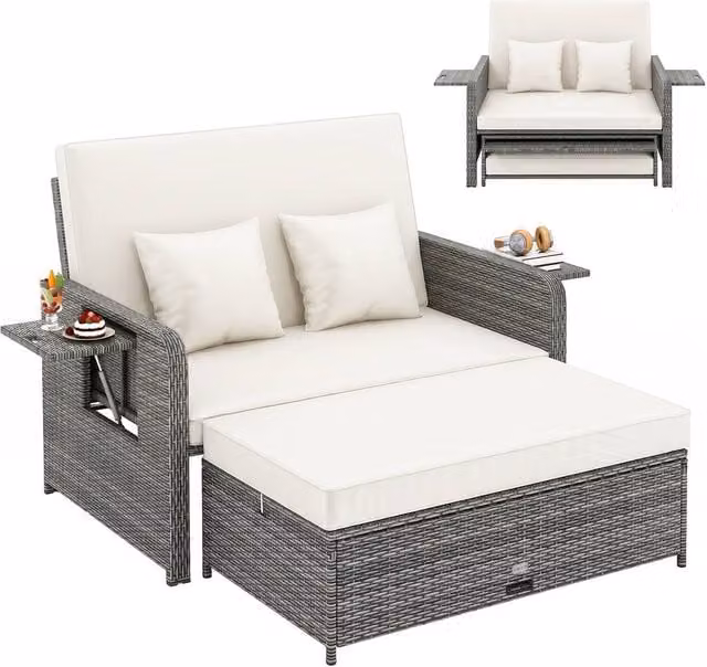 Costway 2-Piece Grey PE Wicker Daybed and Patio Rattan Furniture Set with 4-Level Backrest