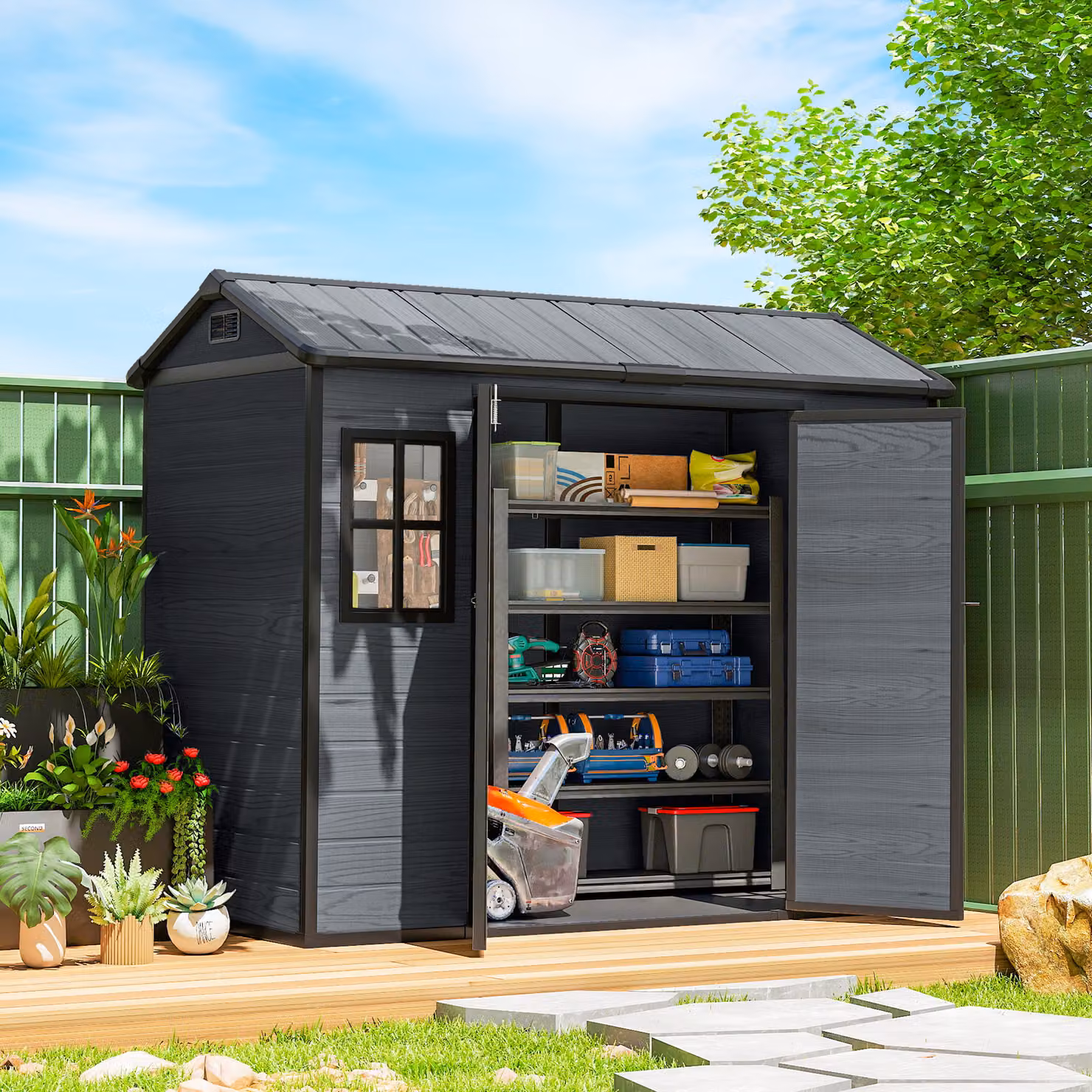Outsunny Wood-Effect Resin Garden Shed in Dark Grey with Windows, Floor and Lockable Double Doors – 2