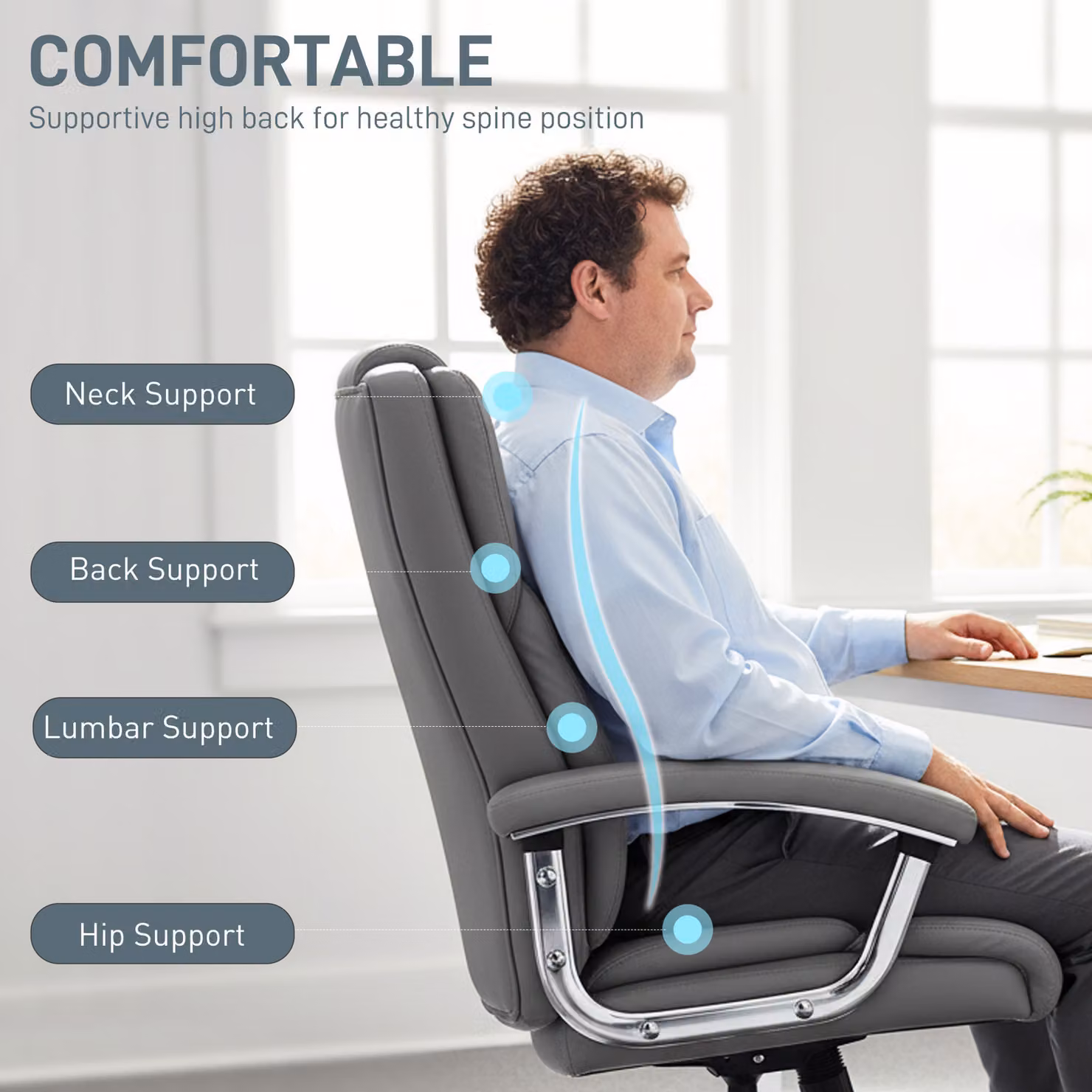 HOMCOM Big and Tall Executive Office Chair in Grey PU Leather with Headrest and Armrests, 180kg Capacity – 4