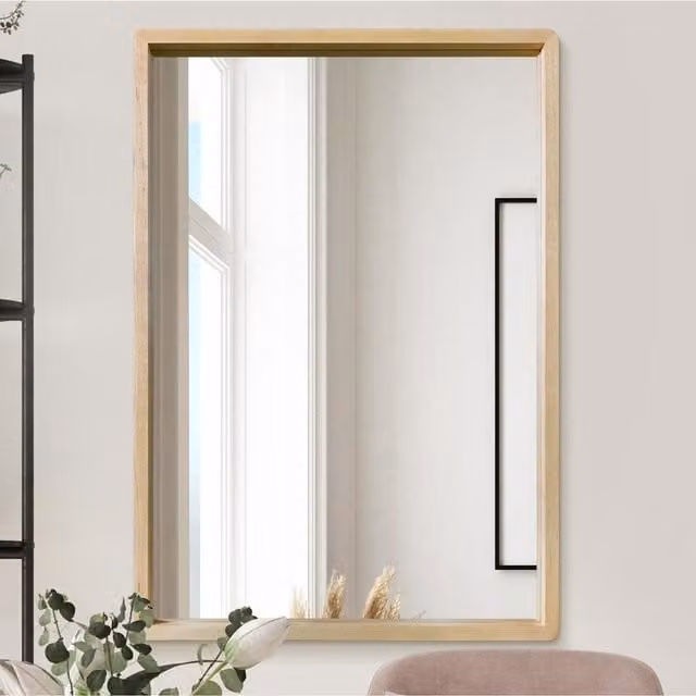 MirrorOutlet Solid Oak Rectangular Wall Mirror with Rounded Corners in Brown