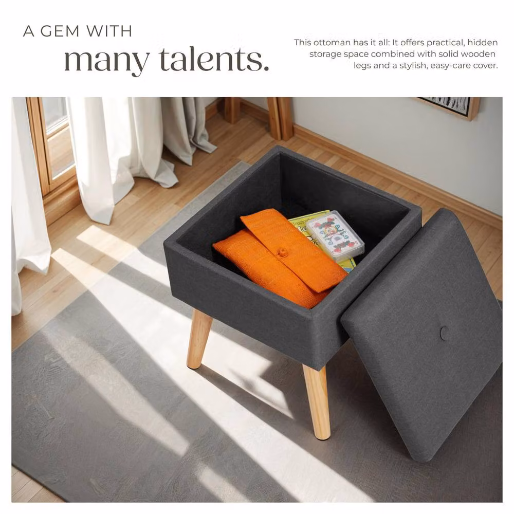 tectake Elva Padded Stool with Storage Space in Dark Grey Linen Look – 4