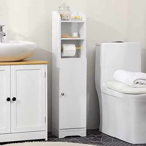 Kleankin Freestanding Slim Bathroom Storage Cabinet with Internal Shelves and Hinged Doors, White, W/D/H: 23 x 18 x 100 cm – 2