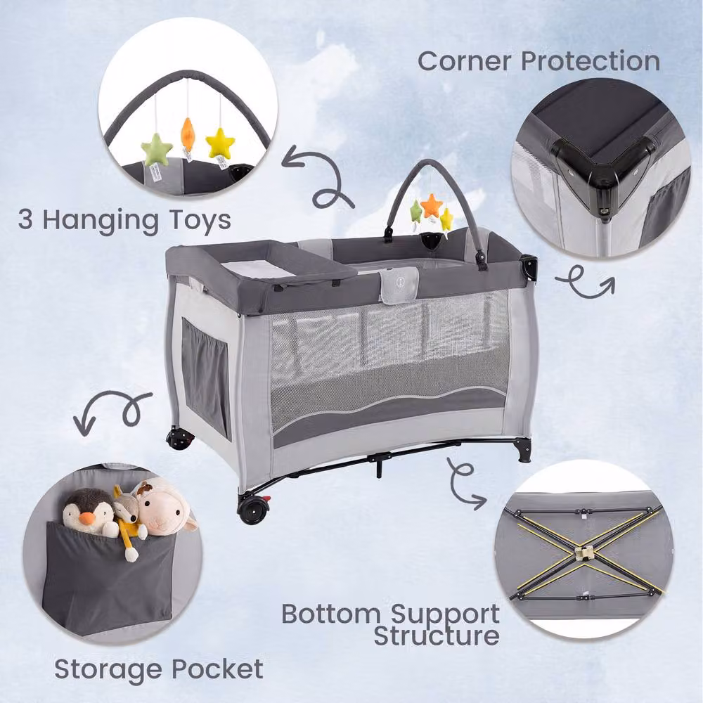 Gymax Folding Playpen in Grey with Diaper Changing Table, 2 Lockable Wheels and 3 Hanging Toys – 6