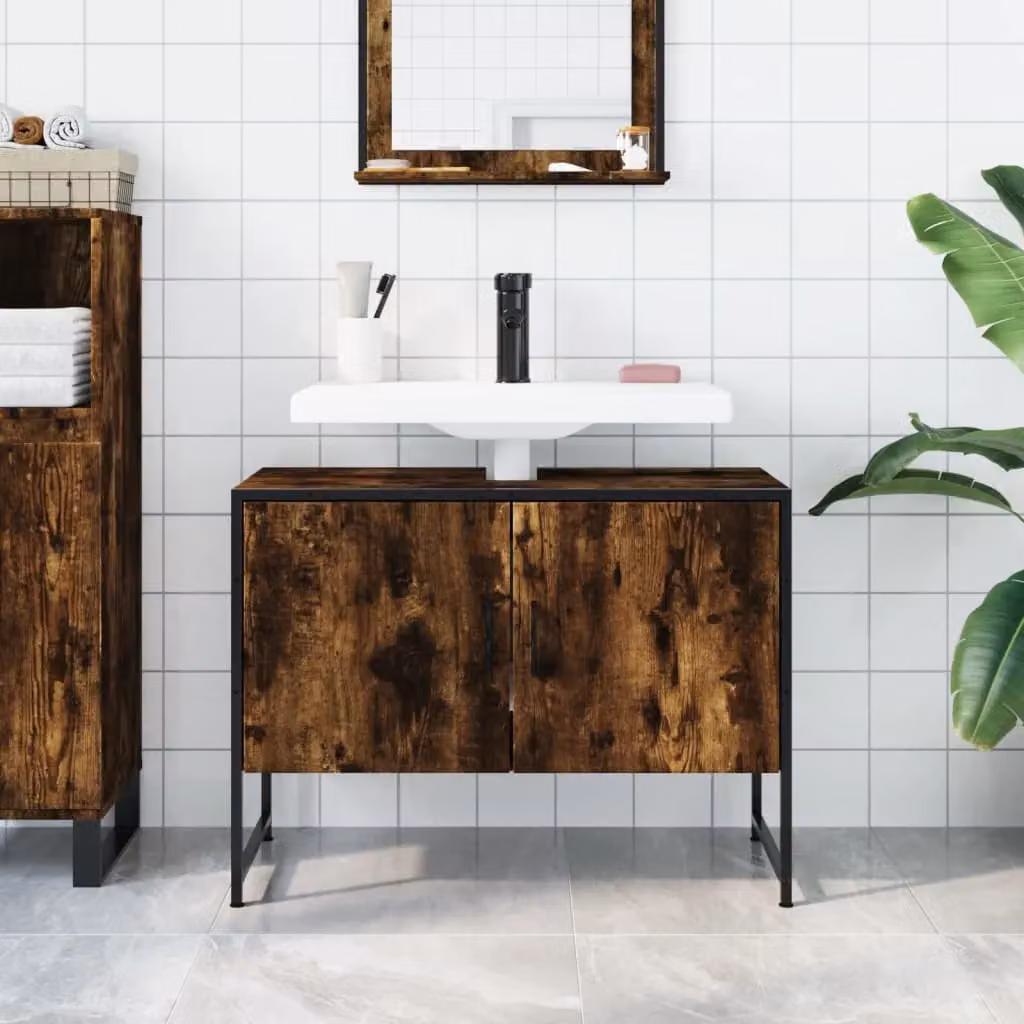 Berkfield Home Smoked Oak Wall Mounted Bathroom Sink Cabinet, Brown, W: 80 cm, D: 33 cm, H: 60 cm – 3