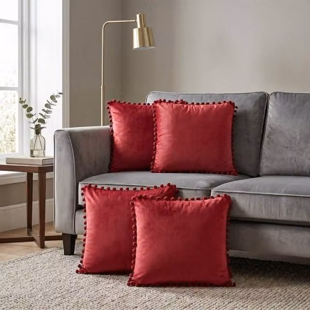 Luxury Living Set of 4 Red Velvet Square Cushions with Pom Trim, W/D/H: 43 x 43 x 43 cm – 1